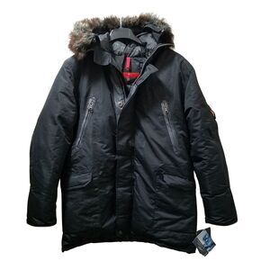 J Whistler Down Parka Puffer Coat Men’s Medium Black Red Trim Hooded Heavy NEW